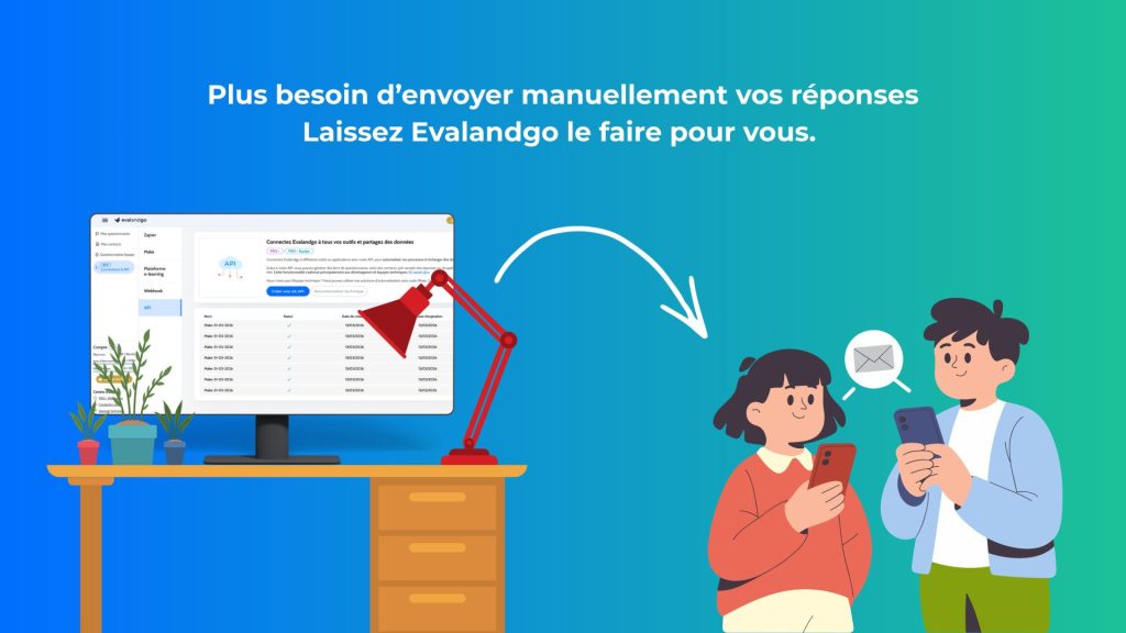 Illustration montrant l'automatisation d'Evalandgo : les données d'un questionnaire sur ordinateur sont envoyées automatiquement vers les smartphones des utilisateurs grâce aux connexions API. Oubliez les envois manuels : on vous montre comment connecter vos outils pour que vos réponses voyagent toutes seules jusqu'à vos collaborateurs.