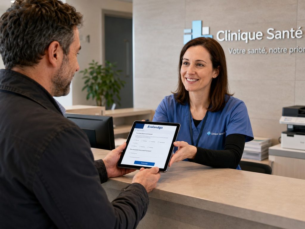 Photo d'une infirmière de clinique membre de sa CPTS, à son guichet, tendant une tablette avec une enquête de satisfaction Evalandgo à son patient afin qu'il puisse la remplir.