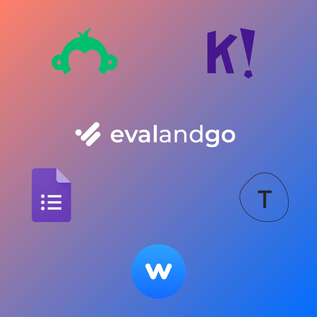 Logo evalandgo entouré des logos de SurveyMonkey, Kahoot, Google Forms, Typeform et Wooclap sur fond dégradé bleu et orange.