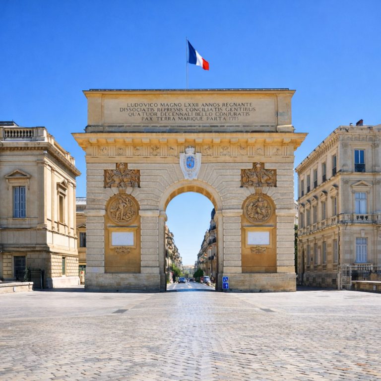 Arc de Triomphe de Montpellier (Porte du Peyrou) surmonté du drapeau français, sous un ciel bleu