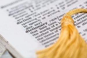Gros plan sur la définition du mot dictionary dans un dictionnaire ouvert, illustrant le glossaire du questionnaire