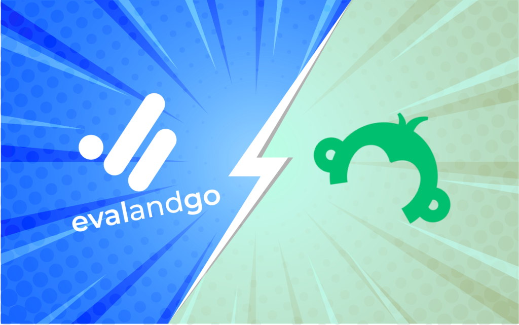Illustration bande dessinée d'un affrontement entre les logos Evalandgo et SurveyMonkey, alternative française à SurveyMonkey.