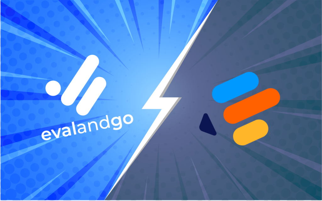 Visuel comparatif façon BD entre Evalandgo (logo blanc sur fond bleu) et un logiciel concurrent (logo à barres bleu, orange et jaune sur fond gris foncé), séparés par un éclair blanc.