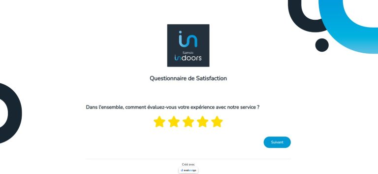 Capture d'écran d'un questionnaire de satisfaction Evalandgo pour Samsic Indoors, avec logo du client, notation par étoiles et bouton "Suivant".