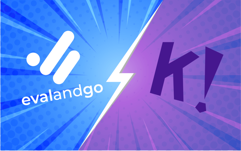 Visuel comparatif façon BD entre Evalandgo (logo blanc sur fond bleu, éclats façon manga) et Kahoot (logo "K!" violet sur fond violet), séparés par un éclair blanc.
