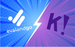 Visuel comparatif façon BD entre Evalandgo (logo blanc sur fond bleu, éclats façon manga) et Kahoot (logo "K!" violet sur fond violet), séparés par un éclair blanc.