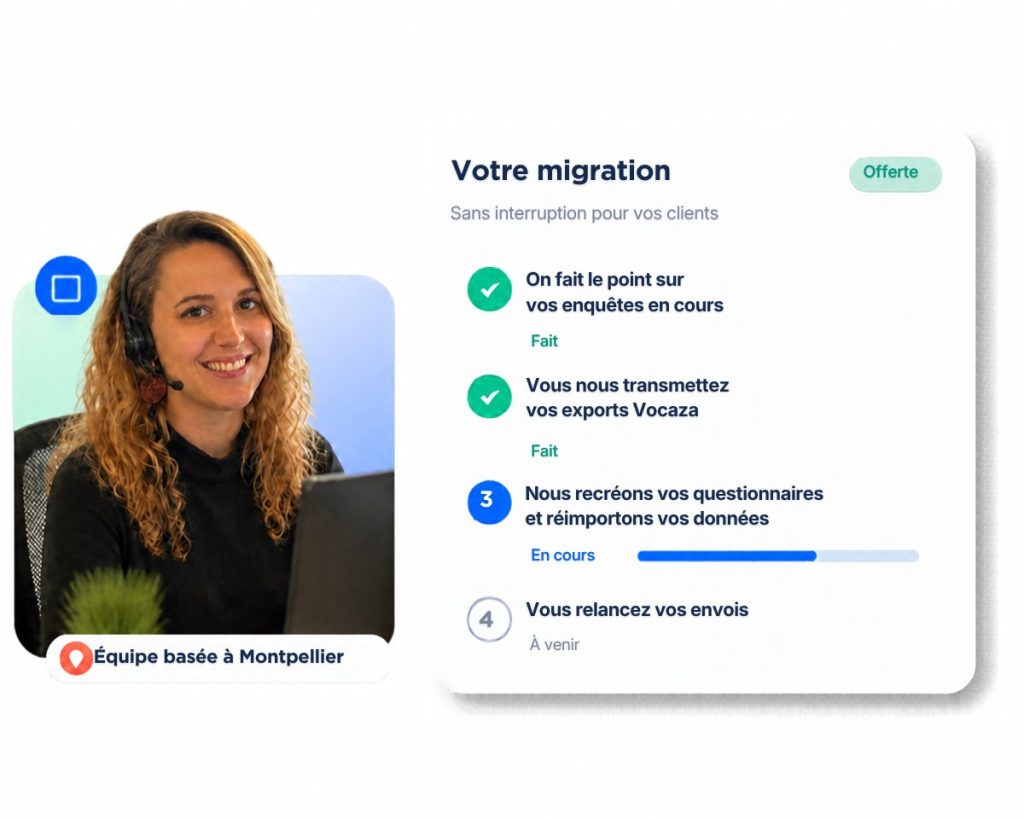 Plan de migration en 4 étapes suivi par une conseillère de l'équipe de Montpellier : bilan, exports, recréation des questionnaires, relance des envois