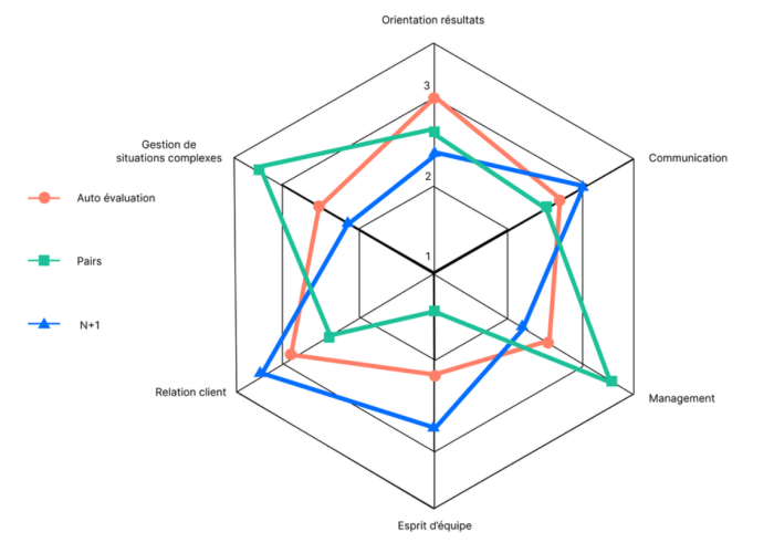 Graphique radar comparant auto-évaluation, pairs et N+1 sur six compétences, exemple de résultats d'enquête par thématique